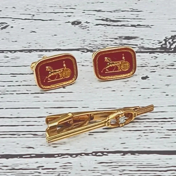 Celine Other - Celine Gold and Burgundy Cufflinks and Tie Bar Set